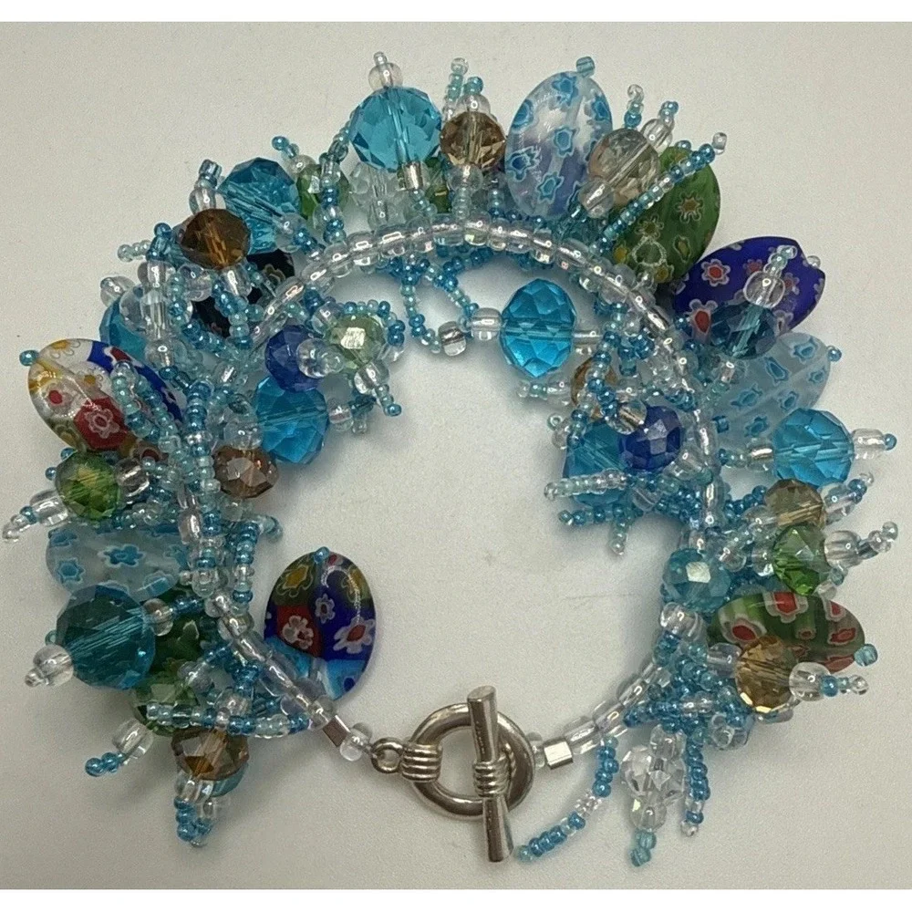 Vintage Murano Millefiori Glass Bead Cluster Bracelet Shaggy Loop Boho Teal Blue